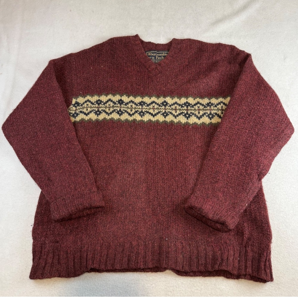 Abercrombie & Fitch Vintage Wool Fair Isle V-Neck Sweater Burgundy Mens XL